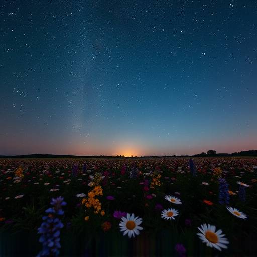 Céu estrelado sobre um campo florido à noite