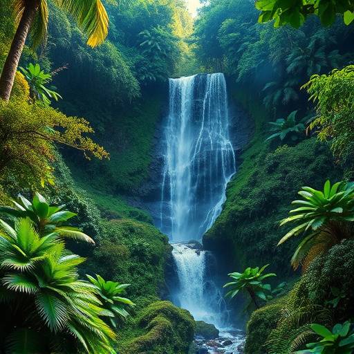 Floresta exuberante com cachoeira e vegetaäão densa