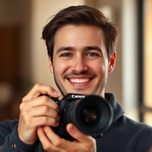 Fotógrafo profissional sorrindo e segurando uma câmera