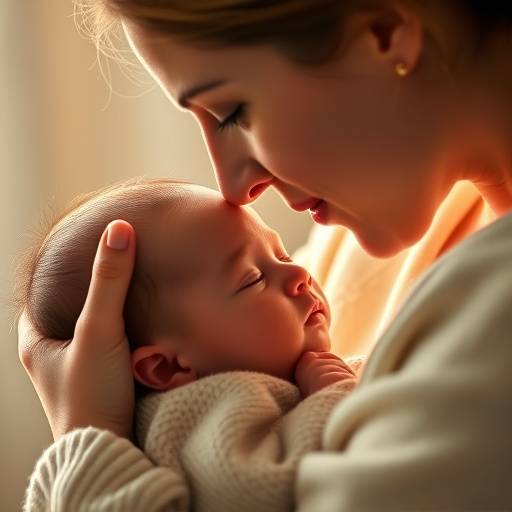 Mãe beijando a testa do seu bebê recém-nascido
