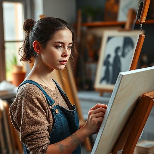 Retrato de uma jovem artista pintando em seu ateliê