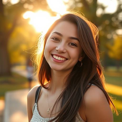 Retrato de uma jovem mulher sorrindo em um parque ensolarado