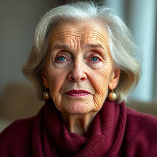 Retrato de uma senhora com um olhar sereno e expressivo
