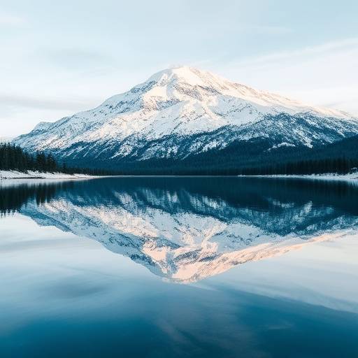 Uma montanha coberta de neve refletindo sobre a água.